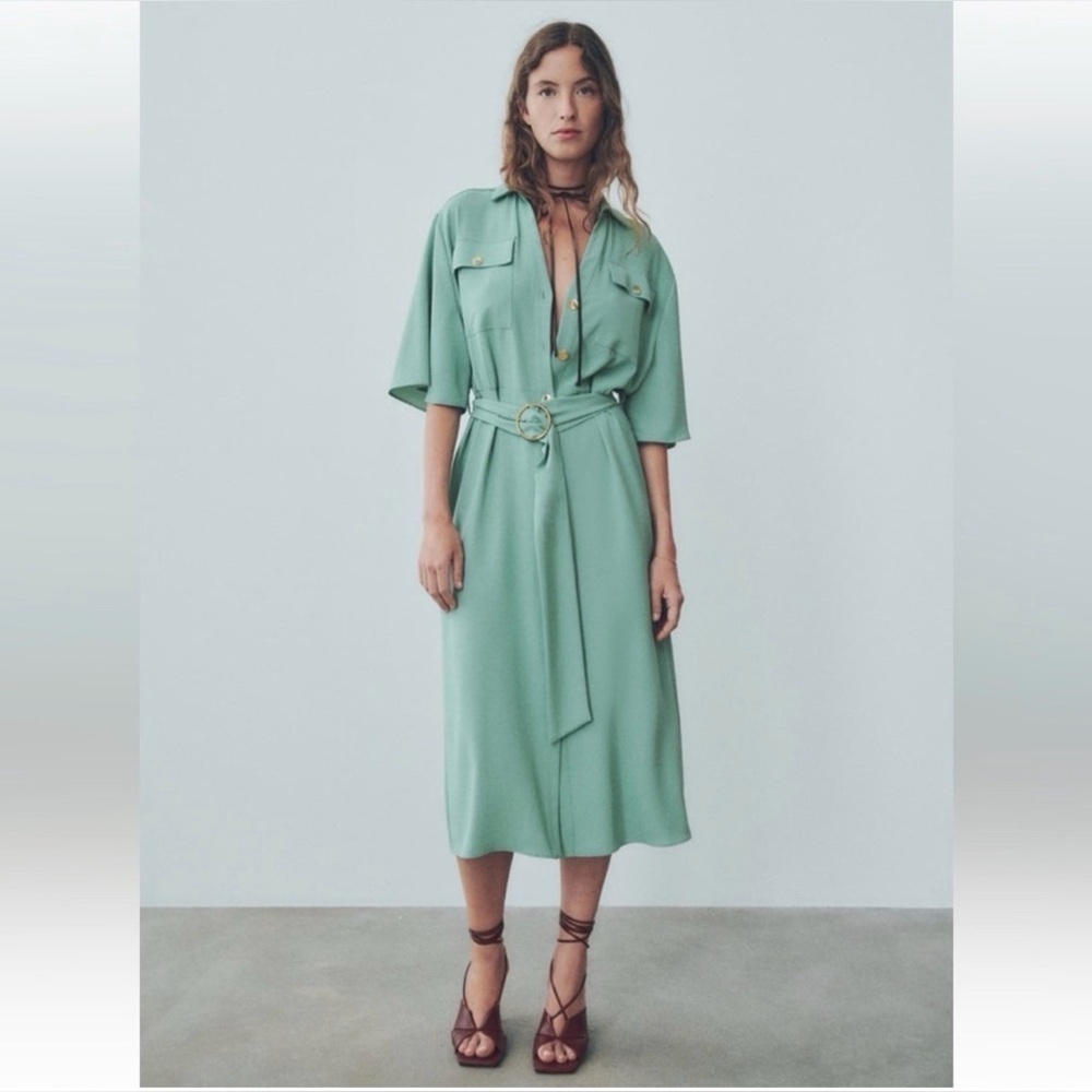 Zara Sage Belted Midi Button down Dress size M